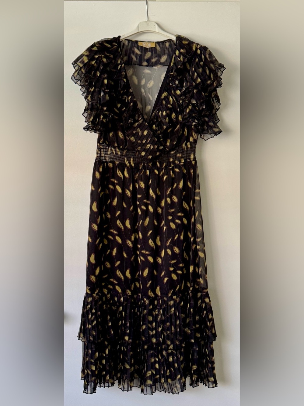 F&2 Black Ruffled V-Neck Dress with Mustard Leaf Print